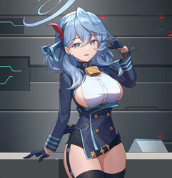  absurdres ako_(blue_archive) bell black_garter_straps black_gloves black_hairband black_skirt black_thighhighs blue_archive blue_eyes blue_hair blue_halo blue_jacket bow_hairband breasts buttons collared_shirt cowbell crescent_halo cuffs double-breasted double-parted_bangs earrings female framed_breasts furrowed_brow garter_straps gloves hair_behind_ear hair_between_eyes hair_over_shoulder hair_ribbon hairband half_gloves halo highres jacket jewelry large_breasts light_frown long_sleeves looking_at_viewer medium_hair miniskirt neck_bell open_mouth pencil_skirt red_ribbon ribbon shackles shirt sideboob sideless_shirt sidelocks skirt solo thighhighs tutuxia underbust wavy_hair white_shirt 