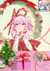  absurdres blue_eyes brown_hairband christmas_tree commentary_request dan_heng_(honkai:_star_rail) detached_sleeves dress fake_antlers female hairband hands_up highres himeko_(honkai:_star_rail) honkai:_star_rail honkai_(series) indoors long_sleeves looking_at_viewer march_7th_(honkai:_star_rail) march_7th_(preservation)_(honkai:_star_rail) medium_hair pink_eyes pink_hair red_dress smile snow_globe solo stelle_(honkai:_star_rail) trailblazer_(honkai:_star_rail) two-tone_eyes upper_body xun.com 