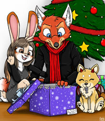  anthro bad_guy_cafe blue_eyes brown_body brown_eyes brown_fur brown_hair canid canine canis christmas christmas_gift christmas_tree domestic_dog female fish fox fur group hair holidays lagomorph leporid male mammal marine ocerydia_zoona orange_body orange_fur plant rabbit sand_fur scarf shiba_inu spitz tan_body tan_fur tree trio white_body white_fur yaya_(ziegrydia) ziegelzeig ziegelzeig_zoona 