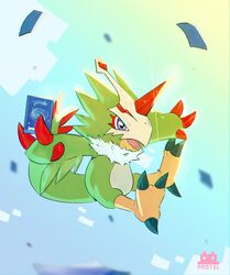  absurd_res anthro bandai_namco blue_eyes claws digimon digimon_liberator feathers feet green_body green_feathers hi_res male mask pastelmon_art pteromon sharp_teeth solo talons teeth toes wings 