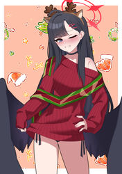  absurdres ahoge alternate_costume animal_ears antlers black_eyes black_hair black_panties black_wings blue_archive blush christmas cowboy_shot deer_ears female grin hair_ornament hairclip halo hands_on_own_hips highres horns ichika_(blue_archive) long_hair one_eye_closed panties red_halo red_sweater reindeer_antlers ribbed_sweater single_bare_shoulder single_off_shoulder sleeves_past_wrists smile solo sweater tost_(cloi123) underwear unusually_open_eyes wings 