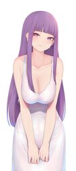  :t bare_arms bare_shoulders blunt_bangs blush breasts closed_mouth collarbone cowboy_shot dress female fern_(sousou_no_frieren) highres large_breasts long_hair looking_at_viewer nikuku_(kazedesune) pout purple_eyes purple_hair sidelocks simple_background sleeveless sleeveless_dress solo sousou_no_frieren very_long_hair white_background white_dress 