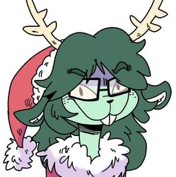  anthro antlers buckteeth christmas christmas_clothing christmas_headwear clothing costume deer eyewear female glasses green_body green_hair grinch hair hat headgear headwear holidays horn mammal renita_reed renita_reed_(character) santa_costume santa_hat smile solo teeth 