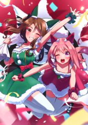  2girls absurdres animal_ears bow breasts brown_hair christmas collarbone commentary_request dress ear_covers freely2327 fur-trimmed_dress fur_trim green_dress hand_up haru_urara_(umamusume) highres holding holding_sack horse_ears horse_girl horse_tail jumping king_halo_(umamusume) multicolored_background multiple_girls official_alternate_costume open_mouth pink_dress pink_hair purple_eyes sack santa_costume smile tail teeth thighhighs umamusume white_thighhighs 