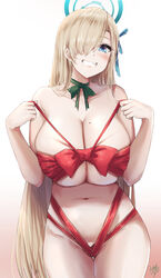  asuna_(blue_archive) blonde_hair blue_archive blue_eyes breasts collarbone commentary_request cowboy_shot female gradient_background grin hair_over_one_eye halo highres huge_breasts ibara_azuki long_hair mole mole_on_breast naked_ribbon navel red_ribbon ribbon smile standing very_long_hair 