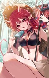  arknights bare_shoulders bikini black_bikini braid breasts brown_hat commentary_request demon_girl demon_horns demon_tail feet_out_of_frame female food hair_between_eyes hat highres holding holding_food holding_polearm holding_popsicle holding_weapon horns long_hair medium_breasts navel palm_tree pointy_ears polearm popsicle red_eyes red_hair saiko_(saisaka) solo straw_hat swimsuit tail tree trident very_long_hair vigna_(arknights) vigna_(casual_vacation)_(arknights) weapon 