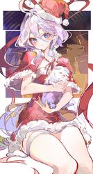  absurdres ahoge animal blue_eyes canine capelet cocoballking commentary_request dress feet_out_of_frame female furina_(genshin_impact) genshin_impact highres holding holding_animal leisurely_otter_(genshin_impact) puppy red_capelet red_dress santa_dress sitting solo strapless strapless_dress thighs white_hair 