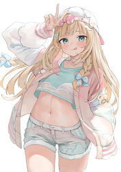  absurdres aged_down akiki_(kiki) backwards_hat baseball_cap blonde_hair blue_eyes blue_shirt blush braid breasts cropped_shirt female green_eyes grey_shirt hat highres hololive jacket kazama_iroha kazama_iroha_(streetwear) letterman_jacket long_hair navel official_alternate_costume pink_jacket shirt short_shorts shorts simple_background small_breasts smile solo tongue tongue_out twin_braids v_over_head virtual_youtuber white_background white_hat 