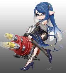  bare_shoulders bat_wings black_thighhighs blue_eyes blue_footwear blue_hair blue_shawl breasts cleavage closed_mouth commentary commission female full_body gradient_background grey_background gun hair_intakes high_heels highres holding holding_gun holding_weapon hydra_splatling_(splatoon) inkling inkling_girl inkling_player_character jewelry large_breasts long_hair mole mole_under_eye pointy_ears puchiman shawl signature simple_background single_thighhigh smile solo splatoon_(series) splatoon_3 tentacle_hair thighhighs weapon wings 