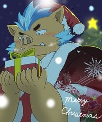  anthro blue_hair blush brown_body brown_fur christmas christmas_clothing christmas_decorations christmas_headwear christmas_ornament christmas_present clothing eyebrows fur ganglie_(tas) gift hair headgear headwear hi_res holidays lifewonders male mammal solo suid suina sus_(pig) thick_eyebrows tokyo_afterschool_summoners tusks usiaki5 wild_boar 