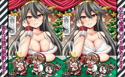  4girls absurdres alternate_costume black_hair bra breasts christmas christmas_tree cleavage cup dress drinking_glass fur-trimmed_headwear fur_trim gingerbread_man hairband haruna_(kancolle) haruna_kai_ni_(kancolle) hat headgear hiei_(kancolle) hiei_kai_ni_(kancolle) highres kantai_collection kirishima_(kancolle) kirishima_kai_ni_(kancolle) kongou_(kancolle) kongou_kai_ni_(kancolle) large_breasts long_hair militia_minpei mini_person minigirl multiple_girls red_eyes red_headwear santa_costume santa_dress santa_hat size_difference spot_the_differences underwear very_long_hair white_bra 