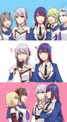  6+girls :d ^_^ ahoge annoyed arm_at_side arm_under_breasts arms_at_sides arms_under_breasts assault_lily bare_shoulders black_gloves black_necktie blonde_hair blue_background blue_hair blue_jacket blue_sailor_collar blush border braid breasts brown_hair cleavage clenched_teeth closed_eyes closed_mouth collared_shirt commentary criss-cross_halter crop_top crossed_arms detached_sleeves epaulettes facing_another facing_viewer fingerless_gloves flower flower_knot flying_sweatdrops from_side fujita_asagao funada_kiito funada_ui gauntlets gloves green_eyes green_hair grey_hair grey_shirt hair_flower hair_intakes hair_ornament hair_ribbon half_gloves halterneck hand_on_another&#039;s_arm hand_on_own_chest hand_up hands_on_another&#039;s_shoulders hands_up highres horns igusa_subaru imamura_yukari_(assault_lily) jacket japanese_clothes kawabata_hotaru kimono kozue_west large_breasts light_smile long_hair long_sleeves looking_at_another looking_at_viewer looking_to_the_side low_twintails mechanical_horns medium_breasts mole mole_under_eye mole_under_mouth multiple_girls multiple_views neckerchief necktie nigari_(ngari_0115) notice_lines obi obijime odaiba_girls_high_school_uniform oerba_yun_fang open_mouth parted_bangs parted_lips pink_background pink_flower profile puff_of_air purple_eyes purple_hair purple_neckerchief red_horns red_ribbon ribbon sailor_collar sash school_uniform serafuku shirt short_hair siblings side-by-side side_braid sideways_glance simple_background single_braid sisters skin_fang sleeveless sleeveless_shirt smile squiggle standing sweatdrop tassel tassel_hair_ornament teeth twintails undershirt upper_body v-shaped_eyebrows very_long_hair white_background white_kimono white_ribbon white_shirt 