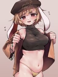  animal_ears black_sports_bra blonde_hair blush breasts brown_background brown_eyes brown_hat brown_shirt cabbie_hat commentary_request cowboy_shot dated female floppy_ears flying_sweatdrops hat looking_at_viewer medium_bangs medium_breasts navel open_clothes open_mouth open_shirt panties rabbit_ears rabbit_girl ringo_(touhou) shirt short_hair signature simple_background solo sports_bra touhou underwear undressing warabe_(be-san) yellow_panties 