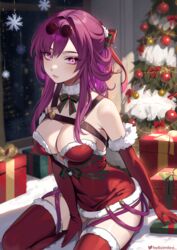  alternate_costume bare_shoulders box breasts christmas christmas_tree cleavage commentary_request dress elbow_gloves female fur-trimmed_gloves fur_choker fur_trim gift gift_box gloves helloimtea highres honkai:_star_rail honkai_(series) kafka_(honkai:_star_rail) large_breasts long_hair looking_at_viewer purple_eyes purple_hair red_dress red_gloves red_thighhighs santa_costume santa_dress seiza short_dress sitting smile solo strapless strapless_dress thighhighs thighs 