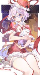  absurdres ahoge animal blue_eyes canine capelet cocoballking commentary_request dress feet_out_of_frame female furina_(genshin_impact) genshin_impact highres holding holding_animal leisurely_otter_(genshin_impact) puppy red_capelet red_dress santa_dress sitting solo strapless strapless_dress thighs white_hair 