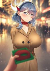  ako_(blue_archive) alternate_costume annoyed arms_behind_back blue_archive blue_eyes blue_hair blurry blurry_background blurry_foreground blush box breasts brown_coat christmas cipher4109 closed_mouth coat collar collarbone crowd female furrowed_brow gift gift_box halo large_breasts leash looking_at_viewer pov pov_hands snowing solo_focus trench_coat 