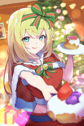  bell blonde_hair blue_eyes blush bow cake capelet christmas christmas_tree crop_top female food food_on_face fruit fur-trimmed_capelet fur-trimmed_shirt fur_trim gift groin hairband highres holding holding_plate incoming_food indoors jingle_bell long_hair looking_at_viewer midriff original plate shirt smile solo strawberry striped striped_bow tongue tongue_out tree user_dttw2327 very_long_hair 