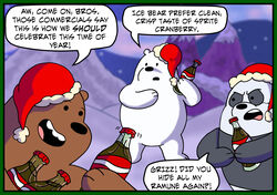  2019 absurd_res anthro beverage black_nose black_text border cartoon_network christmas christmas_clothing christmas_headwear clothing coca-cola dialogue digital_drawing_(artwork) digital_media_(artwork) english_text green_border green_outline grizzly_(we_bare_bears) group hat headgear headwear hi_res holding_beverage holding_object holding_soda holidays ice_bear_(we_bare_bears) male male_focus mightyfilm mountain open_mouth outline outside panda_(we_bare_bears) parody pink_tongue santa_hat snow snowing soda_bottle speech_bubble standing text tongue trio we_bare_bears 