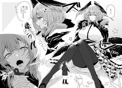  1other ambiguous_gender arknights black_coat breasts coat commentary_request doctor_(arknights) dress female giant giantess head_wings ho&#039;olheyak_(arknights) hood hood_up hooded_coat imminent_vore iwashi_80 large_breasts long_hair long_sleeves open_mouth pantyhose sitting size_difference smile tail translation_request white_dress wings 