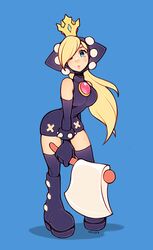  artist_name axe bare_shoulders blonde_hair blue_background blue_footwear blue_gloves blue_thighhighs boots bracelet breasts closed_mouth commentary crown elbow_gloves eyelashes female full_body gloves grey_eyes highres holding holding_axe jewelry long_hair looking_at_viewer mario_(series) mario_power_tennis mario_tennis oxcoxa simple_background solo spiked_bracelet spikes thighhighs twitter_username warupeach 