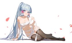  absurdres arm_support bandages bandeau bare_shoulders black_thighhighs blhazx blue_eyes blue_hair blue_nails blunt_bangs blush breasts chest_sarashi cleavage collarbone commentary_request curvy eyelashes falling_petals feet female full_body genshin_impact hair_tubes hand_up highres kamisato_ayaka legs long_hair looking_at_viewer medium_breasts nail_polish navel no_shoes parted_lips petals ponytail sarashi sidelocks simple_background sitting skindentation solo stomach thigh_gap thighhighs thighs toes very_long_hair white_background yokozuwari 