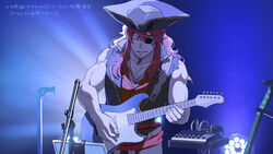  1boy bare_arms braid braided_beard closed_mouth electric_guitar eyepatch facial_hair grin guitar hat highres indoors instrument light long_hair male_focus muscular muscular_male music music_stand mya-zawa pectoral_cleavage pectorals pirate_(sekaiju) pirate_1_(sekaiju) pirate_hat playing_instrument red_hair sekaiju_no_meikyuu sekaiju_no_meikyuu_3 sleeveless smile solo translation_request upper_body 