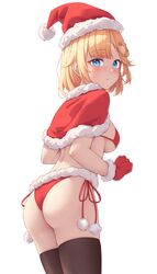  alternate_costume ass blonde_hair blue_eyes blush breasts capelet female fur-trimmed_capelet fur-trimmed_headwear fur_trim gloves hair_ornament hat highres hololive hololive_english looking_at_viewer looking_back panties red_gloves santa_costume santa_hat shironekokfp short_hair side-tie_panties simple_background solo sweat thighhighs underwear virtual_youtuber watson_amelia white_background 