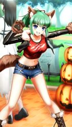  animal_ear_fluff animal_ears animal_hands belt belt_buckle black_belt black_jacket blue_eyes blue_shorts blunt_bangs boots brown_footwear brown_gloves brown_ribbon buckle collarbone crop_top day denim denim_shorts doukyuusei_another_world fake_animal_ears fake_tail female game_cg gloves green_hair grin hair_ribbon halloween halloween_costume iijima_miyuki jacket kakyuusei long_hair midriff navel official_art open_clothes open_jacket outdoors paw_gloves ponytail pumpkin red_shirt ribbon shirt short_shorts shorts smile solo_focus stomach tail torn_clothes torn_shorts wolf_ears wolf_tail 