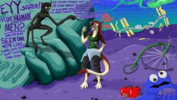  16:9 absurd_res anthro black_body black_fur breasts claws cookie_monster digital_drawing_(artwork) digital_media_(artwork) duo english_text female female/female fur fwughox_(artist) green_eyes hi_res humanoid long_arms lyka_(mrfanman42) mammal missy_(napalm_express) monocycle monster red_body red_fur satellite sergal statue_of_liberty tail text toolbox widescreen wolficus 