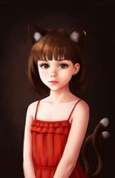  alternate_costume animal_ear_fluff animal_ear_piercing animal_ears bad_id bad_twitter_id bare_arms bare_shoulders blunt_bangs brown_background brown_eyes brown_hair cat_earrings cat_ears cat_tail chen dark_background dress earrings expressionless extra_ears female freckles frills highres jewelry lips lolicon multiple_tails nekomata no_headwear nose realistic red_dress self-upload short_hair sidelighting simple_background single_earring sleeveless sleeveless_dress solo spaghetti_strap sundress tail touhou two_tails upper_body yyf_(seaknight) 