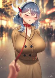  ako_(blue_archive) alternate_costume arms_behind_back black_scarf blue_archive blue_eyes blue_hair blurry blurry_background blurry_foreground blush box breasts brown_coat buttons christmas cipher4109 clenched_teeth closed_eyes coat collar crowd double-breasted female gift gift_box hair_between_eyes halo large_breasts leash pet_play pov pov_hands scarf snowing solo_focus teeth trench_coat viewer_holding_leash 