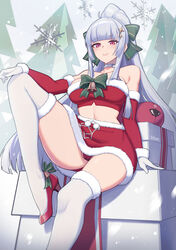  bare_shoulders bell blunt_bangs bow breasts choker commentary detached_sleeves female foot_out_of_frame fur-trimmed_skirt fur_trim gloves green_bow grey_hair hairbow high_heels highres knee_up long_hair looking_at_viewer miniskirt original pink_eyes ponytail psidubs red_footwear red_skirt saya_(psidubs) sidelocks sitting skirt skirt_set solo strapless thighhighs thighs tube_top very_long_hair white_choker white_gloves white_thighhighs 