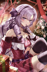  absurdres aria_honmono black_gloves black_hairband black_thighhighs blurry blush breasts christmas_present christmas_tree cleavage depth_of_field detached_sleeves dress drill_hair english_commentary female gift gloves hair_ribbon hairband half_gloves highres hyakumantenbara_salome hyakumantenbara_salome_(1st_costume) indoors lens_flare long_hair long_sleeves looking_at_viewer nijisanji off_shoulder open_mouth parted_bangs puffy_sleeves purple_eyes purple_hair red_dress red_ribbon red_sleeves ribbon sitting solo tattoo thighhighs virtual_youtuber zettai_ryouiki 