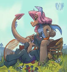  2023 2_horns anthro arthropod blush changeling cloud dragon duo equid equine female flower friendship_is_magic gesture grass hair hasbro hi_res horn horse ladydino looking_at_another lying mammal mina_(mlp) my_little_pony mythological_creature mythological_scalie mythology outside pharynx_(mlp) pink_hair plant pony scalie signature sitting sky suggestive suggestive_gesture tail teasing 