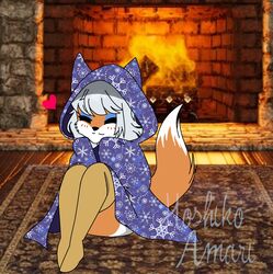  ambiguous_gender anthro bedding blanket canid canine canis ceilyurei closed_eyes cozy fire fireplace floor fox hair heart_symbol hi_res log mammal rug snowflake_pattern solo tail white_hair wolf wood wood_floor yukino_ayumi 