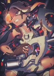  absurdres agent_8_(splatoon) bodysuit clenched_teeth collarbone commentary_request covered_navel dark-skinned_female dark_skin dual_wielding female fish grey_eyes grey_hair gun highres holding holding_gun holding_weapon jelleton medium_hair octoling order_dualies_(splatoon) paint red_eyes rk_splaworks sleeveless sleeveless_bodysuit solo splat_dualies_(splatoon) splatoon_(series) splatoon_3 splatoon_3:_side_order teeth weapon white_bodysuit 