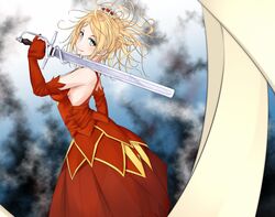  alternate_eyebrows bare_shoulders blonde_hair blue_background blue_eyes breasts carissa closed_mouth commentary_request crown curtana dress elbow_gloves feet_out_of_frame female from_side gloves hand_up head_tilt holding holding_sword holding_weapon light_blush long_dress long_hair looking_at_viewer medium_breasts mini_crown mismatched_eyebrows over_shoulder partial_commentary princess red_dress red_gloves shin_(highest1192) smile solo standing sword sword_over_shoulder toaru_majutsu_no_index toaru_majutsu_no_index:_old_testament weapon weapon_over_shoulder 