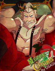  1boy absurdres arms_up bara beard christmas crown excessive_armpit_hair facial_hair feet_out_of_frame hat heavenhellexe highres huge_eyebrows male_focus mature_male merry_christmas moustache muscular muscular_male navel_hair nipples old old_man original pectorals red_hat santa_costume santa_hat short_hair solo spread_legs suspenders tattoo thick_beard thick_chest_hair thick_eyebrows thick_mustache v-shaped_eyebrows 