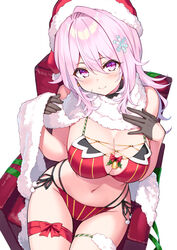  alternate_costume bare_arms bare_shoulders bikini black_choker breasts chair choker cleavage closed_mouth cu-no female from_above fur_trim gloves grey_gloves hair_between_eyes hair_ornament half_gloves hand_on_own_chest hands_up hat highres hisen_kaede large_breasts leg_ribbon long_hair looking_at_viewer multi-strapped_bikini_bottom navel pink_hair purple_eyes red_bikini red_hat ribbon santa_bikini santa_hat scarf side-tie_bikini_bottom simple_background sitting smile snowflake_hair_ornament solo stomach string_bikini striped_bikini striped_clothes swimsuit thigh_gap thigh_strap thighs white_background yayoi_sakura 