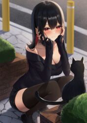  absurdres amane_sora black_cat black_hair black_shirt black_thighhighs blush breasts closed_mouth collarbone colored_inner_hair day feline female highres large_breasts long_hair long_sleeves mole mole_under_mouth multicolored_hair original outdoors red_eyes red_hair shirt single_bare_shoulder smile squatting thighhighs thighs 