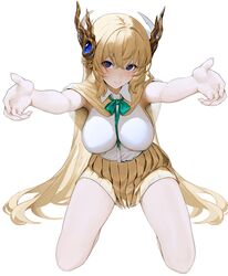  armpit_peek blonde_hair blue_eyes blush bow bowtie breasts capelet closed_mouth collared_shirt commentary commission egk513 female full_body green_bow green_bowtie hair_ornament highres incoming_hug korean_commentary large_breasts long_hair looking_at_viewer miniskirt original outstretched_arms pleated_skirt seiza shirt simple_background sitting skirt sleeveless sleeveless_shirt smile solo thighs very_long_hair white_background white_shirt yellow_capelet yellow_skirt 