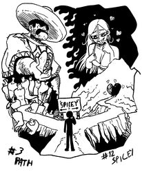  1boy 1other angelo&#039;s_world arm_hair breasts cave chili_pepper cleavage commentary english_commentary female fire food greyscale hair_between_eyes hat heart highres holding holding_food inktober long_hair medium_breasts mexican_clothes monochrome mountain naughty_face original poncho shaded_face sign sombrero taco tongue tongue_out 