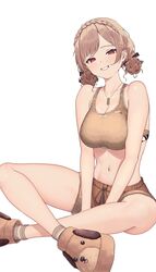  absurdres amatou_(ko_me_9) animal_print bare_shoulders between_legs braid breasts brown_footwear brown_hair brown_shorts brown_socks brown_sports_bra butterfly_sitting cleavage collarbone commentary_request cropped_legs crown_braid dog_tags female furen_e_lustario furen_e_lustario_(5th_costume) hand_between_legs highres large_breasts looking_at_viewer midriff navel nijisanji parted_bangs red_eyes short_shorts shorts simple_background sitting smile socks solo sports_bra thighs virtual_youtuber white_background 