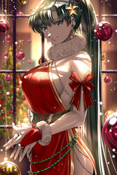  alternate_costume bare_shoulders belt black_belt bow breasts christmas christmas_ornaments commentary cowboy_shot delsaber dress english_commentary female fire_emblem fire_emblem:_the_blazing_blade gloves green_hair highres long_hair looking_at_viewer lyn_(fire_emblem) ponytail red_bow red_dress red_gloves sideboob sleeveless sleeveless_dress smile solo standing very_long_hair 