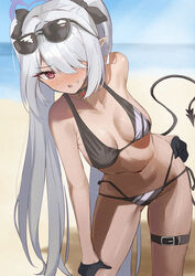  absurdres beach bikini black_bikini black_bow black_choker black_gloves blue_archive blush bow breasts choker collarbone commentary_request contrapposto dark-skinned_female dark_skin demon_girl demon_tail eyewear_on_head female gloves grey_hair hair_over_one_eye hairbow half_gloves halo highres iori_(blue_archive) iori_(swimsuit)_(blue_archive) leaning_to_the_side long_hair medium_breasts mochini navel ocean official_alternate_costume official_alternate_hairstyle open_mouth outdoors purple_halo red_eyes side-tie_bikini_bottom solo stomach sunglasses swimsuit tail thigh_strap twintails very_long_hair 