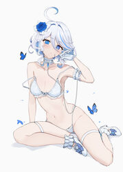  :/ absurdres ahoge alternate_costume arm_support armband armlet bikini blue_bikini blue_butterfly blue_eyes blue_flower blue_hair blue_rose bow bow_bra bra breasts bug butterfly chains choker cleavage commentary cowlick drop-shaped_pupils feint721 female flower footwear_bow frilled_choker frills full_body furina_(genshin_impact) g-string genshin_impact gloves hair_between_eyes hair_flower hair_ornament hand_on_own_face heterochromia high_heels highleg highres looking_at_viewer medium_breasts medium_hair navel off_shoulder rose simple_background sitting skindentation solo stomach strap_slip swimsuit symbol-shaped_pupils thigh_strap thong underwear veil white_background white_bra white_choker white_footwear white_gloves white_hair yokozuwari 