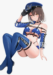  arm_up azur_lane baltimore_(azur_lane) baltimore_(finish_line_flagbearer)_(azur_lane) bikini black_bikini black_choker black_gloves blue_bikini blue_footwear blue_hat blue_jacket blue_shorts boots breasts brown_hair chest_harness choker cleavage closed_mouth collarbone commentary cropped_jacket crossed_legs detached_sleeves female full_body gloves hair_between_eyes harness hat highleg highleg_bikini highres jacket large_breasts looking_at_viewer micro_shorts mismatched_bikini neruki_(ntme) official_alternate_costume paid_reward_available peaked_cap race_queen short_hair shorts sidelocks simple_background single_bare_shoulder single_detached_sleeve single_glove sitting skindentation smile solo stomach swimsuit thigh_boots white_background yellow_eyes 