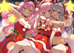  3girls absurdres ahoge alternate_costume arm_up black_choker blue_hair blush breasts choker christmas cleavage commentary_request dress fishnet_thighhighs fishnets fur-trimmed_dress fur-trimmed_gloves fur-trimmed_skirt fur-trimmed_tube_top fur_trim gloves green_eyes hat highres hololive hoshimachi_suisei hug large_breasts long_hair looking_at_viewer medium_breasts minato_aqua multicolored_hair multiple_girls navel open_mouth pantyhose partial_commentary pink_hair purple_eyes purple_hair red_dress red_gloves red_skirt red_tube_top santa_dress santa_hat shokorate skirt small_breasts strapless streaked_hair thighhighs tokoyami_towa tube_top twintails two-tone_hair virtual_youtuber white_pantyhose 