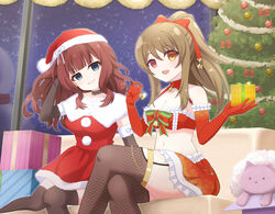  2girls assault_lily bandeau bare_shoulders black_choker blue_eyes blunt_bangs bow box breasts brown_gloves brown_hair brown_thighhighs buttons choker christmas christmas_ornaments christmas_tree cleavage closed_mouth commentary_request couch crop_top crossed_legs dress elbow_gloves feet_out_of_frame fishnet_thighhighs fishnets frilled_bandeau frilled_gloves frilled_skirt frills fur-trimmed_dress fur-trimmed_headwear fur_trim gift gift_box gloves green_bow hair_ornament hairbow halterneck hand_in_own_hair hand_up hands_up hat head_tilt heterochromia high_ponytail highres holding holding_gift indoors jewelry kaede_johan_nouvel kuo_shenlin lace-trimmed_choker lace_trim light_blush looking_at_viewer medium_breasts midriff miniskirt multiple_girls navel night official_alternate_costume official_alternate_hairstyle on_couch open_mouth pendant piatin pom_pom_(clothes) ponytail red_bandeau red_bow red_eyes red_gloves red_headwear santa_dress santa_gloves santa_hat sidelocks simple_background skirt smile snowman star_(symbol) star_color_pendant star_hair_ornament stomach striped striped_bow stuffed_animal stuffed_cat stuffed_toy thighhighs v-shaped_eyebrows window yellow_eyes 