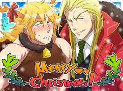  2boys animal_costume antlers bara bell christmas christmas_wreath covered_nipples horns huge_eyebrows kagami_keishiro large_pectorals long_hair looking_at_viewer male_focus merry_christmas multiple_boys muscular muscular_male neck_bell osu!_banchou pectorals reindeer_antlers reindeer_costume seductive_smile shirt short_hair shy sleeveless sleeveless_shirt smile snowing sugo6969 taut_clothes taut_shirt thick_eyebrows todoroki_kongou translated upper_body wreath yaoi 